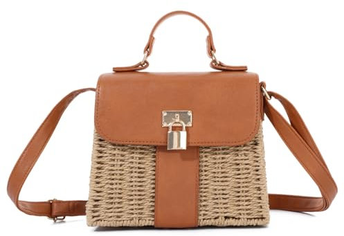 EVEOUT Sac Bandoulière Rotin Tressé Femme été élégant Cabas Osier Sac à Main Panier Paille avec Sangle pour Plage Vacances(Marron)