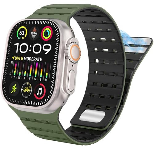 Clouism Para Apple Watch Band 49 mm 45 mm 44 mm 42 mm Bandas para mujeres y hombres, correa deportiva de silicona magnética para iWatch SE SE2 y Series 9/8/7/6/5/4 Ultra 2/Ultra(Army Green Black)