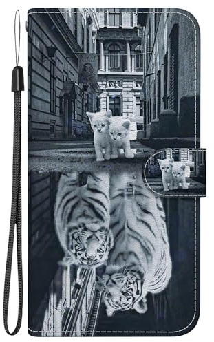 BLOTECH Handyhülle für LG K42 mit Kartenfächer in Braun Schutzhülle aus Kunstleder Handytasche als Flip Case Cover Etui Hülle Kunstledertasche,Spiegelung Einer Katze und eines Tigers