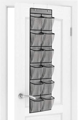 BONAVCY Over the Door Shoe Storage, Hanging Shoe Rack Organiser with 12 Large Mesh Pockets for Wardrobe Door Tidy, Grey