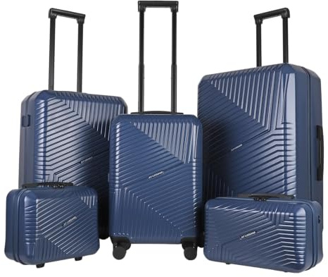 JLY Swirf 5-Piece Hard Shell Luggage Set Oxford Blue – Vanity Case, Travel Bag, Cabin Suitcase, Medium & Large Spinner with TSA Locks & Smooth Wheels