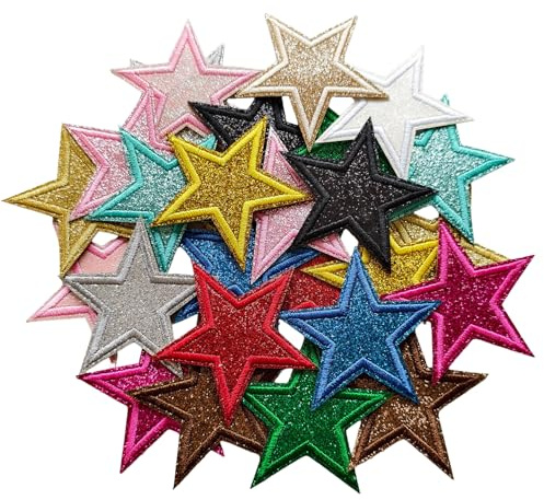 MISDONR 28pcs Star Iron on Patches Glitter Mixed Color Star Embroidered Applique for Repair Decoration Jacket Jeans Clothes Hats Shoes Bags