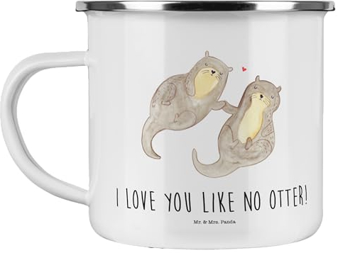Mr. & Mrs. Panda Camping Emaille Tasse Otter Hände halten - Geschenk, Camping Tassen Emaille, Metall Tasse, Seeotter, Metalltasse, Campingbecher,