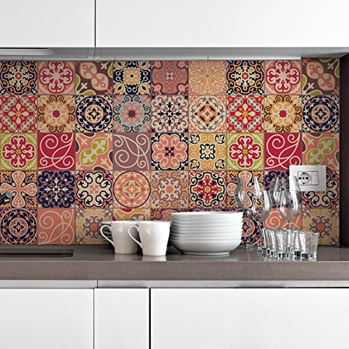 30 Stickers adhésifs carrelages | Sticker Autocollant Carreaux de ciment - Mosaïque carrelage mural salle de bain et cuisine | Carreaux de ciment adhésif mural - azulejos - 15 x 15 cm - 30 pièces