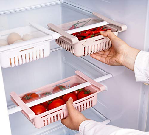 HapiLeap Retractable Drawer Organizer For Fridge, Refrigerator Storage Organizer Keep Tidy Shelf Organiser for Vegetables and Fruits (3 Pcs)