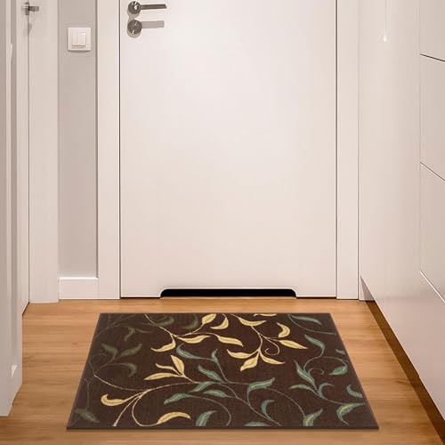 Ottomanson Ottohome - Alfombra, base de goma, diseño de hojas contemporáneo, 67 x 90 cm, color marrón