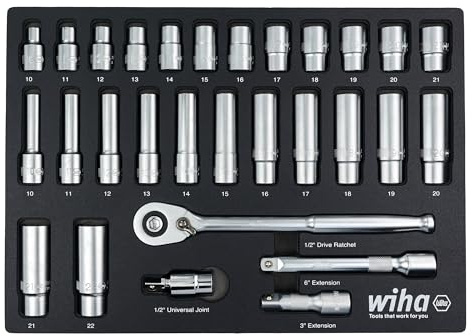 Wiha 33895 29-teiliges Steckschlüssel-Set mit 1,27 cm (1/2 Zoll) Antrieb, professionelle Standard- und tiefe Steckschlüssel-Einsätze, metrisch