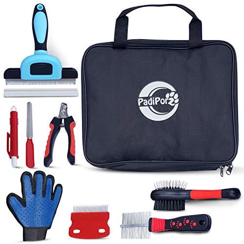Padiporz Professional 8 Piece Grooming Kit for Dogs or Cats – Essential Pet Grooming Accessories Set with De shedding Tool, Brushes, Nail Clippers, Brushing glove, Tick remover – Ideal for All Breeds