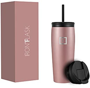 IRON °FLASK Nomad Tumbler - 2 Lids (Straw/Flip), Vacuum Insulated Stainless Steel Bottle, Double Walled, Drinking Cup, Thermos Coffee Travel Mug, Water - Rose Gold, 20 Oz