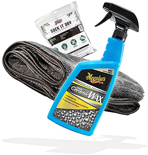 detailmate Sprühversiegelung Wachs Set Perfekter Lotuseffekt - Meguiars Hybrid Ceramic Wax Spray, Sprühwachs 768 ml + Microfiber Monkey Mikrofaser Auto Trockentuch, extrem saugfähig, 40x55cm, 1000GSM