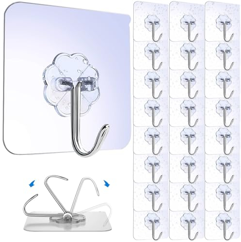 Self Adhesive Hooks, 30 Pack Wall Hooks Heavy Duty Waterproof and Oilproof Traceless Sticky Hook 15kg (Max), Transparent Seamless Hooks for Kitchen, Clothes, Office, Closet, Bathroom, Ceiling, Hanger