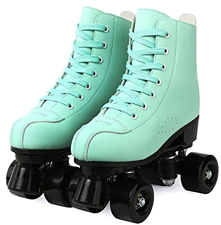 Retro Roller Skates, Rollschuhe Bis 150 Kg, Damen Roller Skates Double Row, Erwachsene PU Leder Quad Skates Rollschuhschuhe, für Kinder, Jugendliche und Erwachsene,Green Black Wheel,44