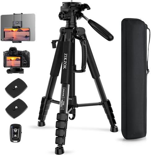 75 Camera Tripod, Aluminum Heavy Duty Camera Stand for ipad Phone, Travel Tripod with/Carry Bag/Phone Tablet Holder, Compatible with Canon Nikon Sony DSLR, Spotting Scopes, Max Load 15 Lb(Black)