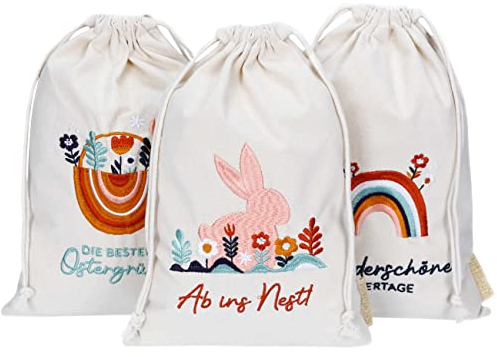Papierdrachen 3 Leinensäckchen mit Bestickung - Osterverpackung Geschenkverpackung Tischdeko - Stoffsäckchen zu Ostern - Boho - 20x30 cm - Set 5