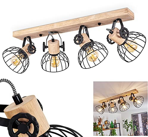 HOFSTEIN Deckenleuchte Orny, verstellabre Deckenlampe aus Metall/Holz in Schwarz/Natur, Leuchte im Industrial/Retro/Vintage-Design, Lichteffekt durch Gitter-Optik, 4xE27, Wohnzimmer, Esszimmer, Küche