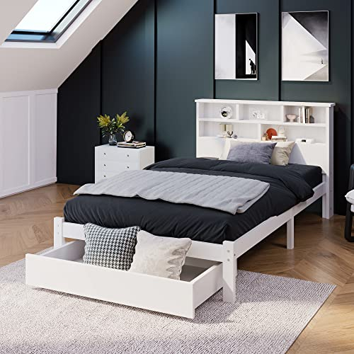 SOFTWEARY Massivholzbett inkl. Schublade und Lattenrost, 90x200 cm, Einzelbett aus Holz, Kopfteil mit Regal, Jugendbett, Kinderbett