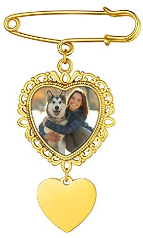 Custom4U Personalisierte Brosche Clip mit 2 Foto Gravur Edelstahl Herz Foto Broschen Anstecker Gold Memorial Brautstrauß Anhänger Broschen für Hochzeit Boutonniere Brautstrauß Pin Kit
