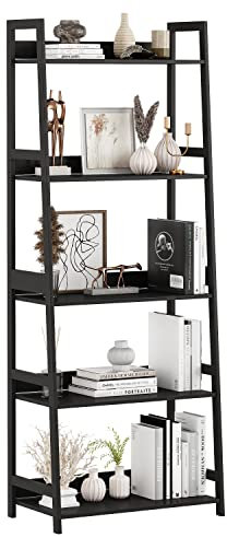 Mafalion Ladder Shelf Bamboo 5 Tier Ladder Bookshelf for Living Room, Bedroom, Industrial Style, Rustic and Black
