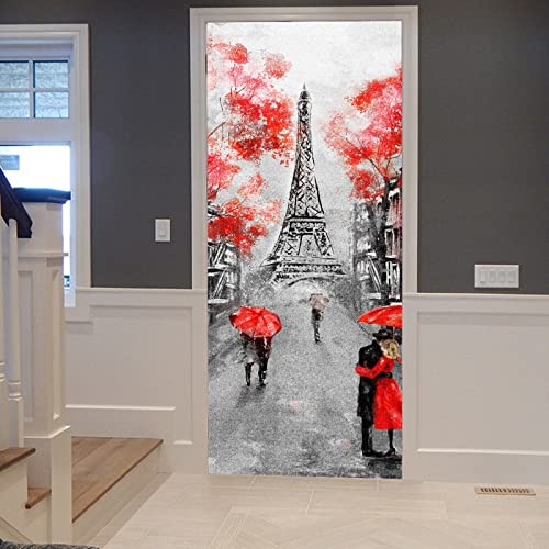 A.Monamour Türtapete Selbstklebend Türfolie Türposter 3D Paar Unter Einem Regenschirm Auf Pariser Straße Stadtlandschaft Ölgemälde Vinyl Folie Türdeko Tapete Wandbild Türaufkleber Türtattoo 83x204cm