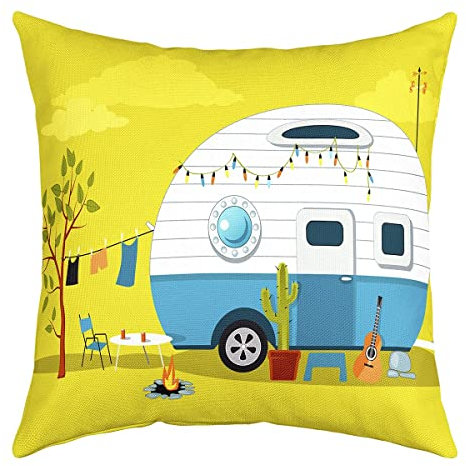 Homewish Camping Kissenbezug 45x45cm,Parked Trailer Kissenbezug mit Gitarre Kaktus,Happy Camping Kissenbezug,Cartoon Camping Lover Traveling Vintage Dekorative Kissenbezug,Gelb Grün