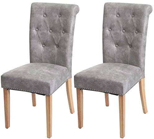 Mendler 2er-Set Esszimmerstuhl Chesterfield II, Stuhl Küchenstuhl, Nieten - Stoff/Textil hellgrau, helle Beine
