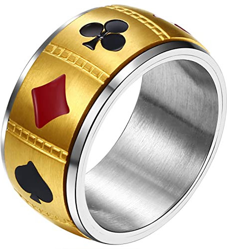 JewelryWe Schmuck Fidget Angst Ring Herren 10mm Breit Spielkarte Poker Spinnring Edelstahl Pik Herzen Pflaume Quadratische Karten Drehbar Band Bandring mit Gravur, Gold/Silber Größe 65