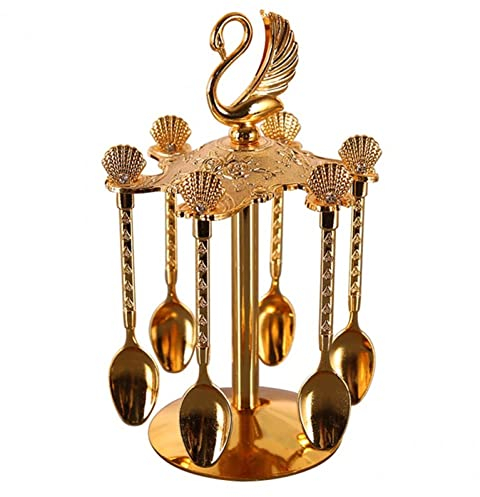 Lipfer Spoons Display Stand Gold Alloy Spoon Holder Swan Figure Storage Stand with 6pcs Spoons Coffee Dessert Spoon Set