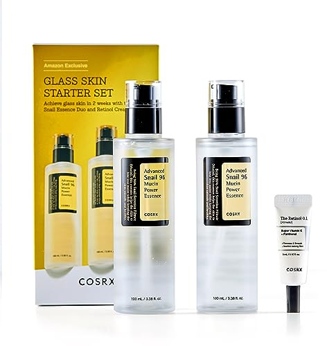 COSRX Glass Skin Starter Set, Advanced Snail 96 Mucin Power Essence (1,69 fl.oz * 2) & Retinol 0,1 Cream Mini (2,8 g), Daily Hydrating & Straffung Hautpflege Kit für Anfänger, Geschenkset