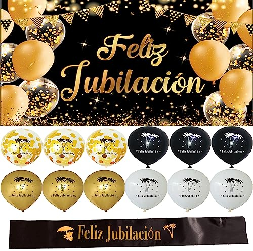 Pancarta Jubilación Decoración - Globos Feliz Jubilación, Guirnalda Banderín, Bandera Happy Retirement en Español - Kit Accesorios para Fiesta Jubilada