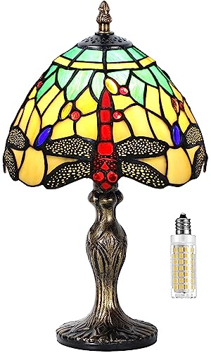 MIAOKE 8'' Stained Glass Table Lamp, Vintage Desk Bedside Night Light | Stained Glass Crystal Bead Style Table Light, Handmade Antique Art Craft Gifts, for Living Room Bedroom (Green-W Dragonfly)