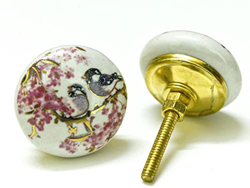 ARTISNO Printed Ceramic Knobs - Set of 10 Bird Print Ceramic Knobs for Kitchen Cabinet Drawer | Decorative Cupboard Door & Wardrobe Drawer Pulls Furniture Hardware Handle (1.5-inch Diameter) (Pink)