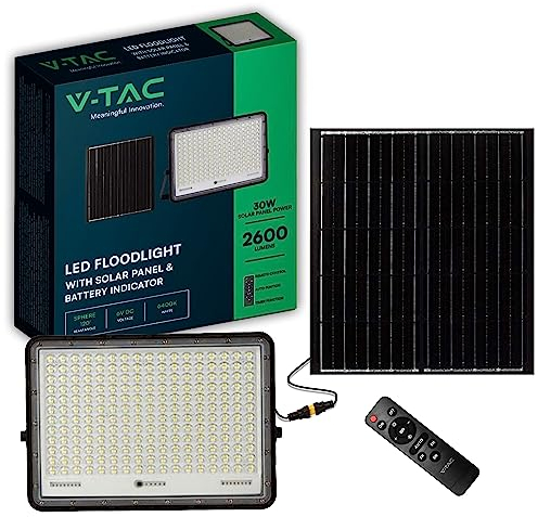 V-TAC Faro LED da Esterno con Pannello Solare 30W - Autonomia 12 Ore - Chip Samsung - IP65-2600 Lumen - Proiettore LED con Telecomando e Batteria per Casa, Giardino, Garage - Luce Fredda