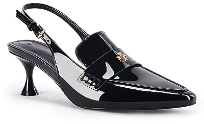 Coutgo Damen-Sandalen mit spitzem Zehenbereich, Slingback, Kätzchen-Absatz, Schlupfschuhe, Knöchelschnalle, elegante Schuhe, Schwarz, 38 EU