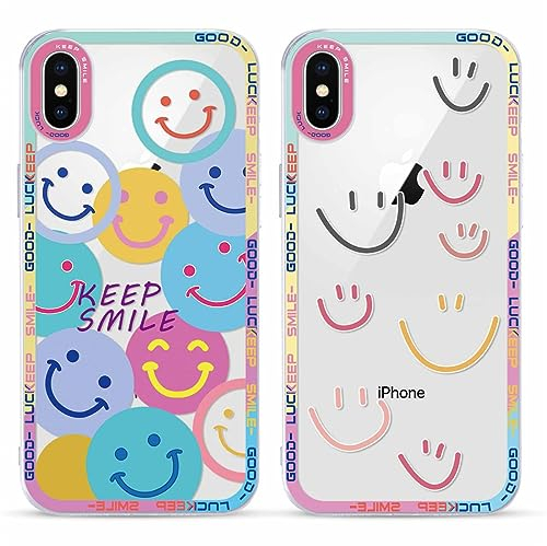 Yoedge 2 Stück Happy Smiley Face HandyHülle für iPhone X/iPhone XS Hülle 5,8, Transparent Smile Gesicht Niedliches Muster Design Aesthetic Case Schutzhülle für iPhone X Mädchen Frauen Cover