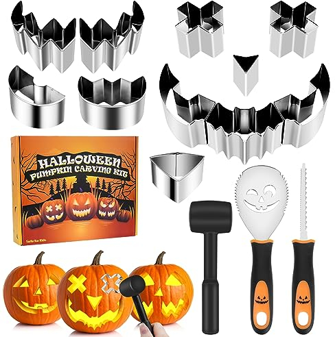 Dreamtop 14 Stück Halloween Kürbis Schnitzset Kürbis Schnitzset Vorlagen Edelstahl DIY Halloween Kürbis schnitzwerkzeug Inklusive Gummihammer für Erwachsene und Kinder