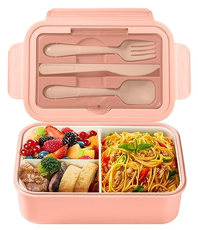 Diboniur Lunch Box, Bento Lunch Box Enfant Adulte 1400ml avec 3 Compartiments, Conception Sans Fuite Boite Repas avec Couverts, pour Micro-onde Lave-vaisselle, École Pique-Nique Travail (Rose)