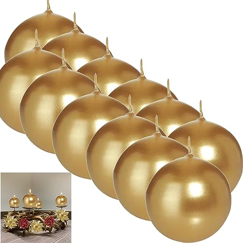 12 KUGELKERZEN Ø 7cm GOLD | Lange Brenndauer 16 Stunden | Stumpen- Kerze Kugel Echtwachs Glänzend Groß | Made in Germany