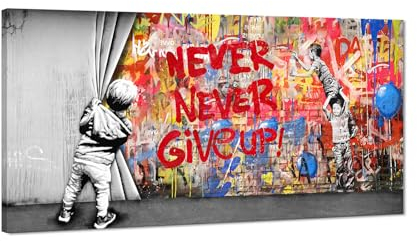 Banksy Graffiti-Leinwandkunst, modernes Gemälde, inspirierend, nie aufgeben, Junge hinter dem Vorhang, Drucke für Wohnzimmer, Zuhause, Büro, gerahmt, 81,3 x 40,6 cm