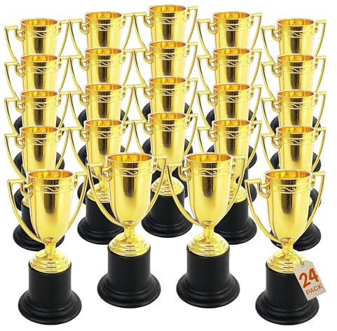 Goldene Pokale aus Kunststoff für Kinder – 24 Stück – 10,2 cm Erfolgspreis – ideale Anerkennung für Schule, Sport, Büro, Karnevalsspiele – Partygeschenke, Dekoration, Requisiten – Motivierend