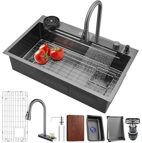 Lavello da cucina 66 * 50CM Nero Cascata Raindance Lavandino Cucina Lavandino Cucina 1 vasca Acciaio Inossidabile con kit di scarico e filtro cestello