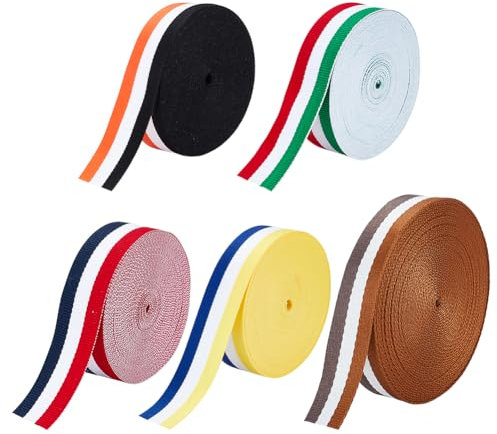 PH PandaHall 25mm Sangle en polyester épais, 5 styles Sangles de sac plat Ruban de sangle en nylon Rouleaux de sangles lourdes pour projet d'artisanat Sous-vêtement Ceinture Sangles de bagages, 45.7m