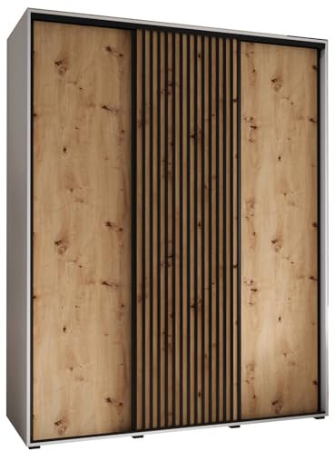 MEBLE KRYSPOL Sapporo 1 Moderner Schrank mit DREI Schiebetüren mit Stange, Regale - Aufbewahrungsschrank für Schlafzimmer, Wohnzimmer - 205,2x200x60 cm - Weiß Artisan Schwarz
