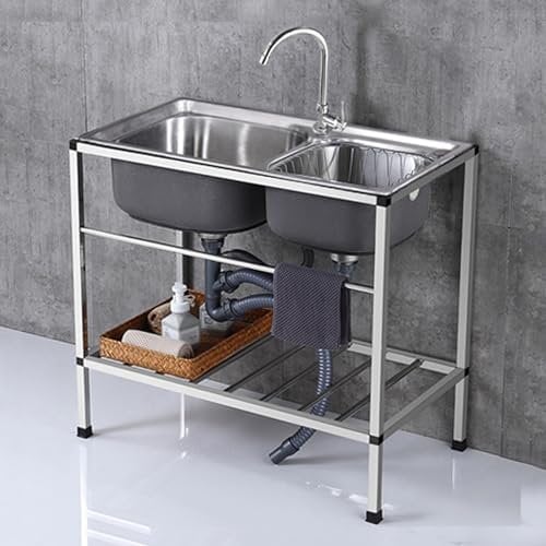 Akuops Freestanding Double Bowl Sink Stainless Steel Catering Sink Commercial Sink with Faucet and Storage Shelf Sink for Indoor, Outdoor, Kitchen, Restaurant, Easy to Clean (72x38cm)