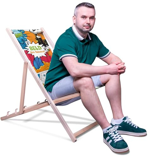 DreamRoots Vatertagsgeschenk Liegestuhl Holz klappbar, mit Spruch | Vatertagsgeschenk, Klappliegestuhl Holz Buchenholz, bis 130 kg, verstellbar, waschbarer Bezug, für Garten & Terrasse
