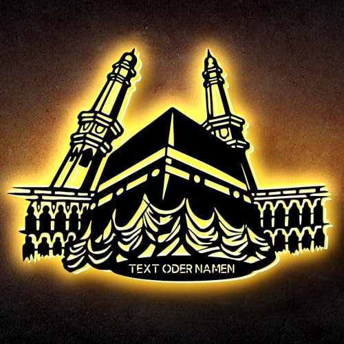 LEON FOLIEN LED Deko Heiliger Kaaba in Mekka Saudi-Arabien, Arabisch Muslim Islam Allah - Geschenk aus MDF Holz - personalisiert mit Namen Oder Text - in 7 Farbe
