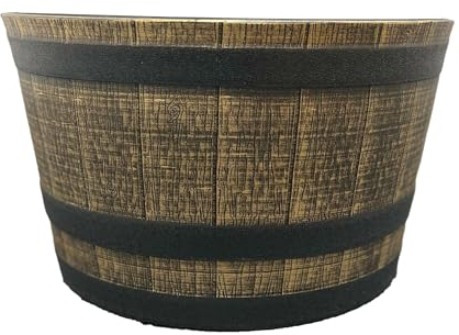 SG Traders Large Half Barrel Cask Planter, Flower Pots Outdoor Garden Planters, Indoor Plant Pot with Drainage Holes, Plastic, Gold with Black Straps, 52 x 31cm