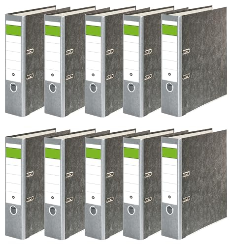 Papiertiger Ordner Nature mit farbigem Rücken aus Graukaton im Wolkenmamor Design, Rückenschild klassisch grüner Balken (Nature (Wolkenmamor), Grau, 10 Stück | 8cm Breit)