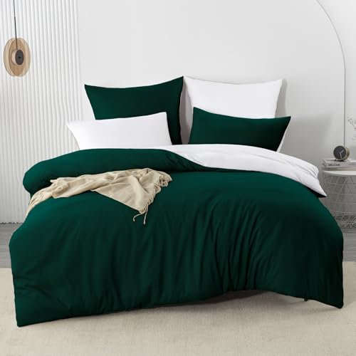 Nesture Bettwäsche 200x220 3teilig Dunkelgrün/Weiß Bettwäsche Sets Microfaser Wendebettwäsche 200 x 220, weich & bügelfrei 1 Bettbezug + 2 Kissenbezug 80x80cm mit Reißverschluss