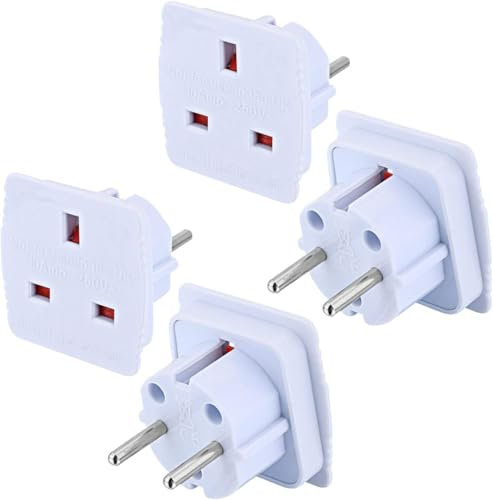 Welsberg 4X Adaptateurs de Voyage UK vers EU, Adaptateur Prise Anglaise vers Prise Française, UK 3 Broches vers EU 2 Broches, Travel Adapter Set pour l’Europe, Espagne, Allemagne, Italie, Blanc