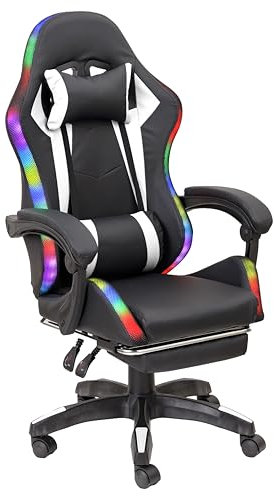 Baroni Home Chaise Gaming Ergonomique avec Repose-Pieds Extensible, Lumières LED Réglables, Dossier Inclinable et Hauteur Ajustable, LED Blanc, 68x66x125-133 cm